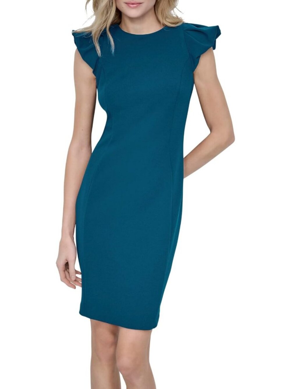 Chic Women's Mini Dress with Short Bubble Sleeves, Jewel Neck & Exposed Zipper